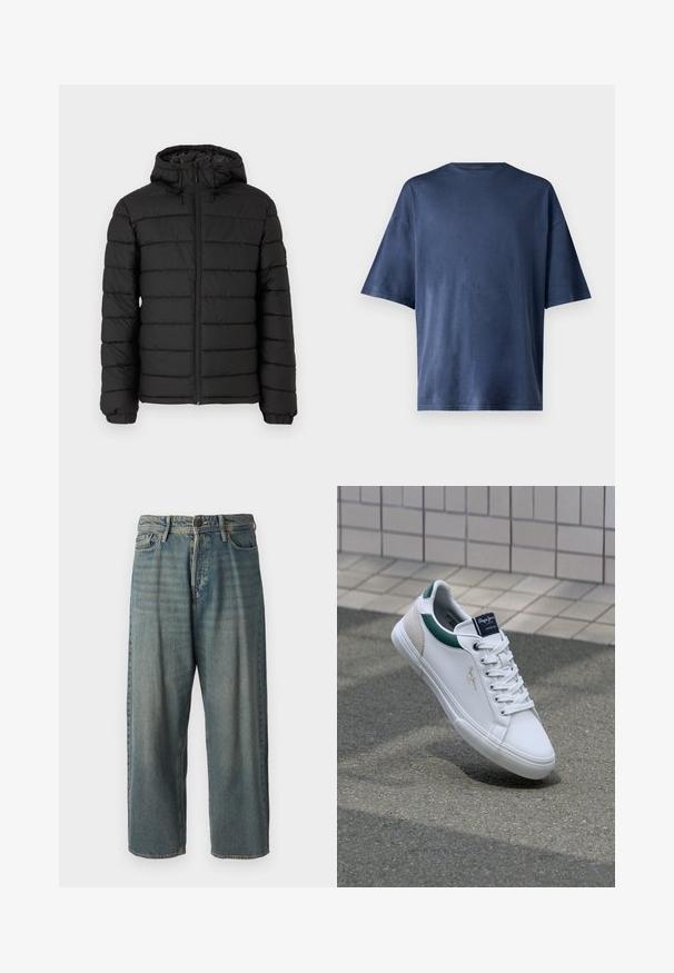Melnā pūkāmā jaka ar kapuci, ar quilted dizainu, priekšējo rāvējslēdzēju, elastīgām piedurknēm un gludu tekstūru, nodrošinot siltumu un izolāciju.; Navy zila īsām piedurknēm T-kreklā, izgatavots no mīksta auduma, ar klasisku apaļu kaklu un brīvu piegriezumu, bez redzamām rakstu vai akcentu detaļām.; Gaiši zili džinsi ar brīvu piegriezumu, vidējo jostas augstumu un taisnām kājām. Satur piecas kabatas, jostas cilpas un pogu aizdari.; Baltas ādas sporta apavi ar zaļiem un bežiem akcentiem, ar teksturētu zoli, apaļu pirkstu daļu un tradicionālu sasaistes dizainu.