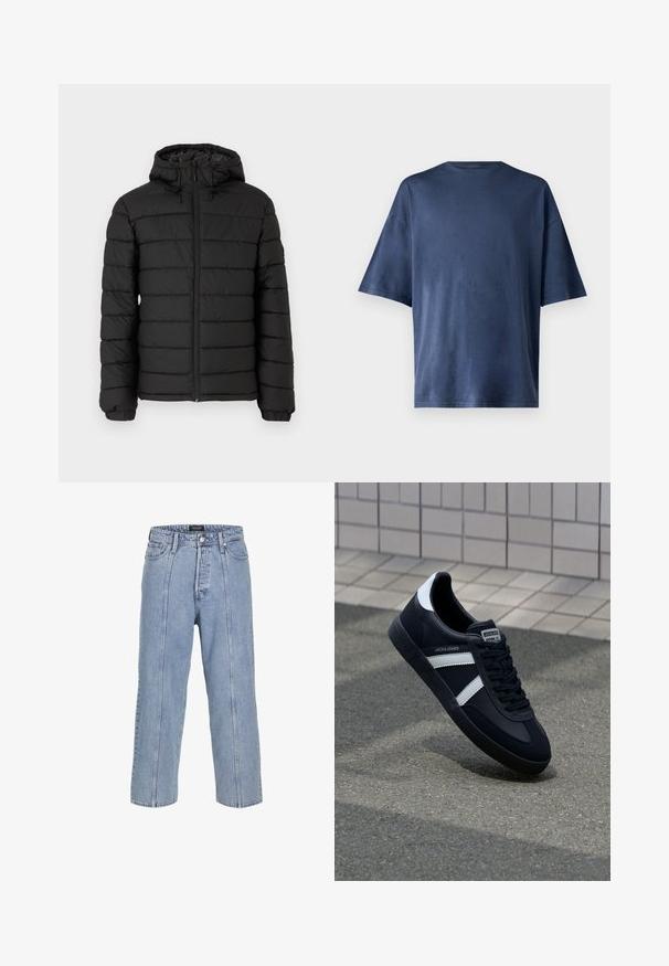 Czarna kurtka puchowa z kapturem, pikowany design, zamek błyskawiczny z przodu, elastyczne mankiety oraz gładka faktura, zapewniająca ciepło i izolację.; Granatowa koszulka z krótkim rękawem, wykonana z miękkiego materiału, z klasycznym okrągłym dekoltem i luźnym krojem, bez widocznych wzorów czy akcentów.; Jasnoniebieskie dżinsy o luźnym kroju, szerokich nogawkach i widocznych detalach szwów. Posiadają zapięcie na guzik i zamek błyskawiczny oraz pięć kieszeni.; Czarne skórzane sneakersy z białymi paskami, teksturowana gumowa podeszwa i sznurowane z przodu. Posiadają metkę marki na języku.