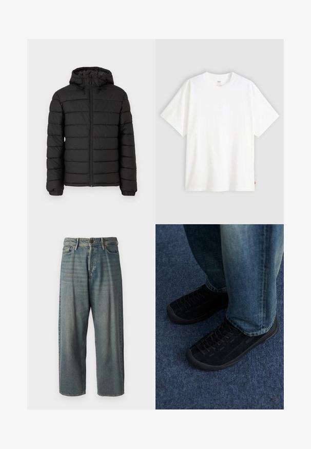 Black puffer jacket with a hood, quilted design, front zipper, elasticated cuffs, and a smooth texture, offering warmth and insulation.; White short-sleeve t-shirt made of cotton with a crew neck. Features subtle embossed logo detail on the front and a red label at the hem.; Light blue denim jeans with a loose fit, mid-rise waist, and straight legs. Features five pockets, belt loops, and a button closure.; Black suede sneakers with textured surface, subtle lacing, and durable rubber soles, paired with blue denim jeans.