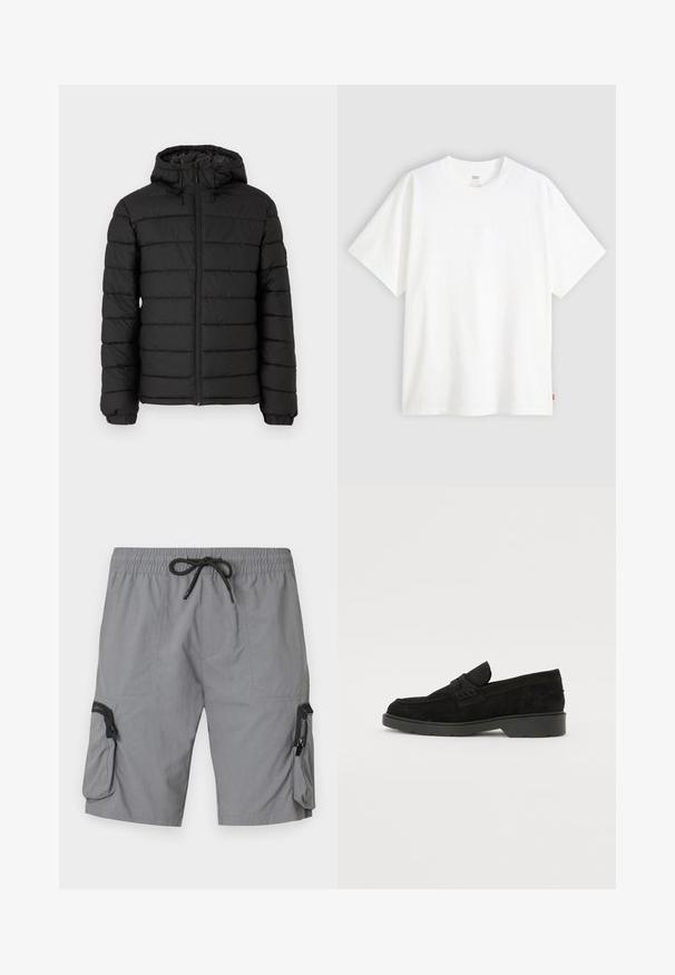 Crna puffer jakna s kapuljačom, sa šivenim uzorkom, prednjim zatvaračem, elastičnim manžetama i glatkom teksturom, koja pruža toplinu i izolaciju.; Bijela kratka majica od pamuka s okruglim izrezom. Sadrži suptilni reljefni logo detalj sprijeda i crvenu oznaku na rubu.; Sive cargo šortsevi izrađeni od lagane tkanine, s elastičnim pojasom s vezicom, bočnim džepovima i dekorativnim zatvorenim džepom.; Crne samočiste čizme od nubuka s niskim potpeticama, s jednostavnom trakom na gornjem dijelu i teksturiranim detaljima uz bočne strane.