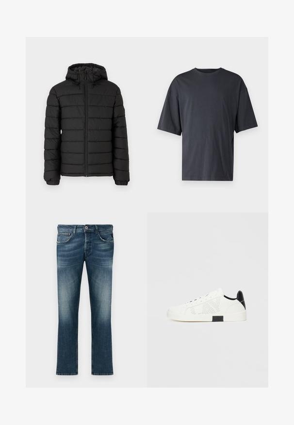 Geacă puffer neagră cu glugă, design matlasat, fermoar frontal, manșete elasticate și o textură netedă, oferind căldură și izolație.; Tricou scurt din bumbac ușor, de culoare gri închis, cu un croi lejer și guler clasic la baza gâtului, având o textură simplă și fără modele.; Jeans din denim de culoare albastru închis cu un efect de uzură. Prezintă un design clasic cu cinci buzunare, croială dreapta și un nasture de accent roșu.; Adidași albi cu un design perforat, accent negru la călcâi și talpă albă din cauciuc. Prezintă șireturi și un logo pe lateral. Textură netedă din piele.