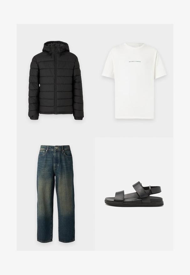 Melnā pūkāmā jaka ar kapuci, ar quilted dizainu, priekšējo rāvējslēdzēju, elastīgām piedurknēm un gludu tekstūru, nodrošinot siltumu un izolāciju.; Baltā kokvilnas T-kreklā ar īsām piedurknēm un apaļu kakla izgriezumu. Centrāls teksts lasa "LAIPNI LŪDZAM PARADĪZĒ" zaļā, izliekta fontā.; Zili džinsi ar taisnu piegriezumu, ar nolietotu dizainu un gaišākiem toņiem pie apakšas, pieci kabatas un pogu aizdare.; Melnas ādas sandalēm ir divi platai siksnas pāri kājai, regulējama papēža siksna un strukturēta gumijas zole labākai saķerei.