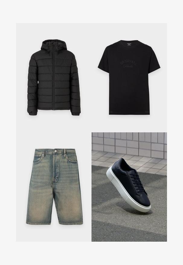 Černá péřová bunda s kapucí, prošívaný design, přední zip, elastické manžety a hladká textura, nabízí teplo a izolaci.; Černé bavlněné tričko s krátkým rukávem a kulatým výstřihem. Na přední straně je vystouplý nápis "ORIGINALS Studio" v tonálním písmu.; Džínové šortky, bledě modrá barva, design s vysokým pasem, pěti-kapsový styl, s kovovými detaily a viditelnými švy.; Černé kožené tenisky s kulatou špičkou a bílou gumovou podrážkou. mají ploché tkaničky a minimální šití na svršku. Texturovaná podrážka pro lepší přilnavost.