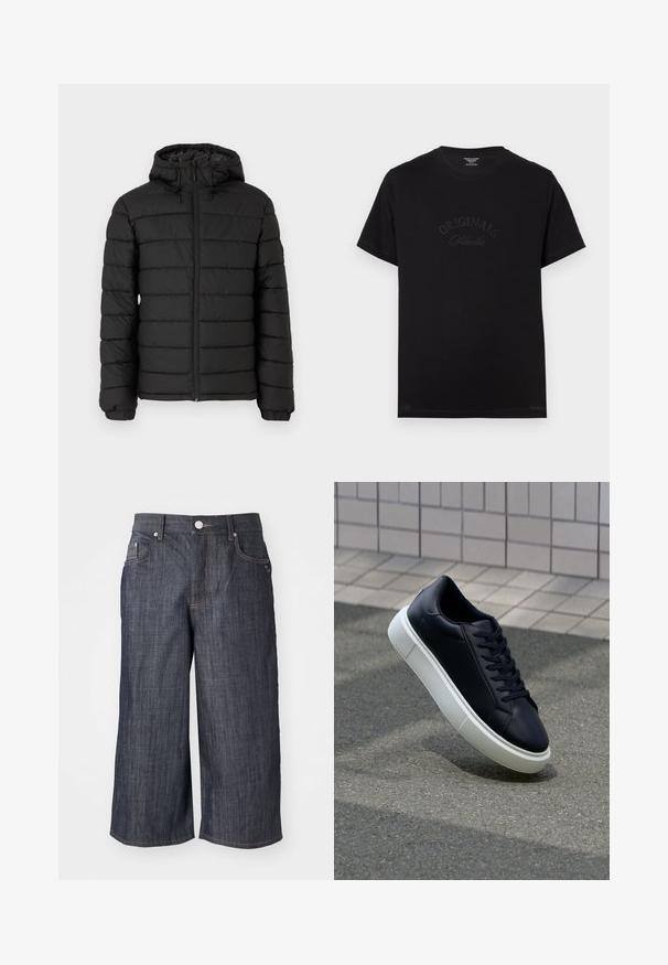 Mustahuppu takki, jossa on tikkipinta, etuvetoketju, joustavat hihansuut ja sileä tekstuuri, tarjoten lämpöä ja eristystä.; Mustat puuvillapaitat lyhyillä hihoilla ja pyöreällä kaula-aukolla. Edessä on tonalisessa kirjonnassa "ORIGINALS Studio".; Pimeät farkkukappaleet leveällä lahkeella, jossa on viisi taskua, metallinen napitus ja kontrastiväriset tikkaukset.; Mustat nahkakengät, joissa on pyöristetty kärki ja valkoinen kumipohja. Varusteena litteät nauhat ja minimaalinen ommel ylhäällä. Teksturoitu pohja pitävyyden lisäämiseksi.