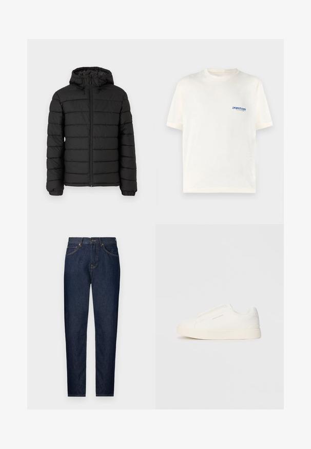 Doudoune noire avec capuche, motif matelassé, fermeture éclair à l'avant, poignets élastiqués et texture lisse, offrant chaleur et isolation.; T-shirt crème à manches courtes en coton doux, avec un petit logo bleu imprimé sur la poitrine gauche. Design classique à col rond.; Jean en denim bleu foncé avec une coupe slim, présentant cinq poches, une fermeture éclair et des coutures dorées contrastantes. Texture lisse avec un design classique.; Baskets blanches sans lacets avec une surface texturée, une semelle épaisse et un design minimaliste. Présente le logo de la marque sur le côté.