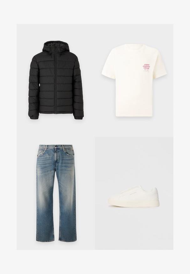 Black puffer jacket with a hood, quilted design, front zipper, elasticated cuffs, and a smooth texture, offering warmth and insulation.; White short-sleeve T-shirt with red text "Studio Originals Edition" on left chest, displayed on a neutral gray background.; Blue denim jeans with a relaxed fit and straight leg. Features lighter washed accents and classic five-pocket design with stitched detailing.; White slip-on sneakers with a textured surface, a thick sole, and minimalistic design. Features brand logo on the side.