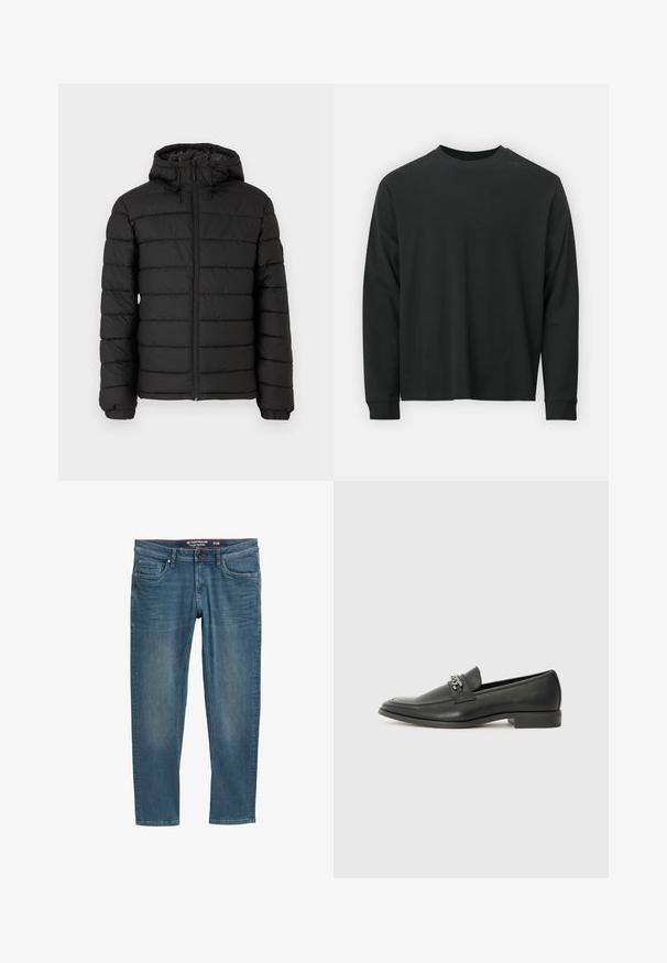 Geacă puffer neagră cu glugă, design matlasat, fermoar frontal, manșete elasticate și o textură netedă, oferind căldură și izolație.; Tricou negru cu mânecă lungă, realizat din bumbac, cu guler rotund, croială lejeră și manșete ribbate. Textură netedă, fără modele vizibile.; Jeans din denim albastru cu o croială îngustă, design cu cinci buzunare și o talie interioară roșie. Prezintă o etichetă cu logo pe buzunarul din spate.; Pantofii negri din piele cu un finisaj neted, având un design cusut și un accent decorativ de lanț metalic peste partea de sus. Toc plat.