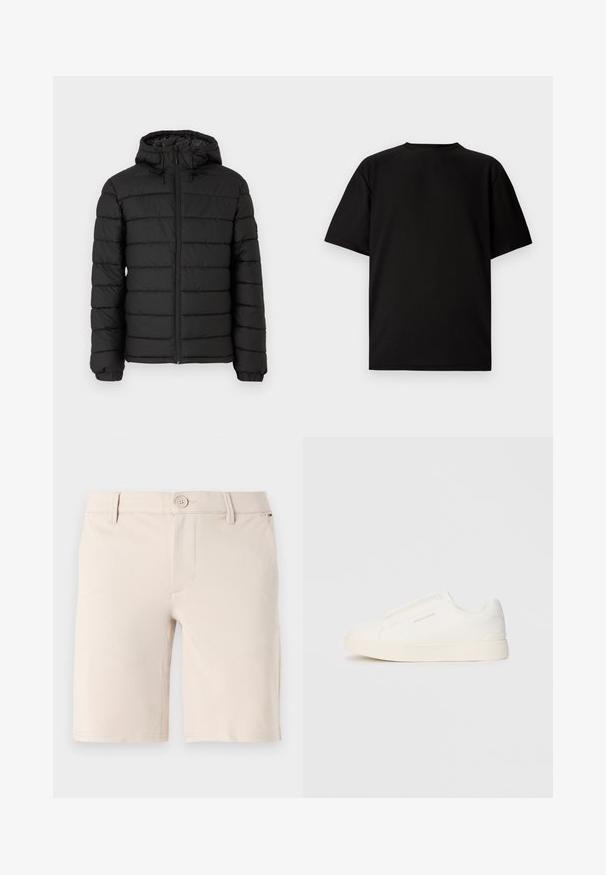 Giacca a vento nera con cappuccio, design trapuntato, zip frontale, polsini elasticizzati e una texture liscia, che offre calore e isolamento.; T-shirt nera a maniche corte realizzata in tessuto a coste. Presenta un collo tondo e una vestibilità comoda con una texture liscia. Solo vista dal retro.; Pantaloni corti beige realizzati in tessuto morbido; presentano una chiusura a bottone, passanti per cintura e un design anteriore pulito con aperture per le gambe dritte.; Sneakers bianchi slip-on con superficie texturizzata, suola spessa e design minimalista. Presentano il logo del marchio sul lato.