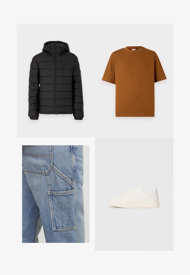 Chaqueta de plumas negra con capucha, diseño acolchado, cremallera frontal, puños elásticos y una textura suave, que ofrece calidez y aislamiento.; Camiseta marrón de manga corta hecha de una tela suave, con un escote redondo y un corte relajado con dobladillo recto. Sin patrones ni acentos visibles.; Los pantalones cargo de denim azul claro presentan un gran bolsillo lateral, acentos de costura sutiles y un ajuste relajado con un acabado ligeramente texturizado.; Zapatillas blancas tipo slip-on con una superficie texturizada, suela gruesa y diseño minimalista. Presenta el logo de la marca en un lado.