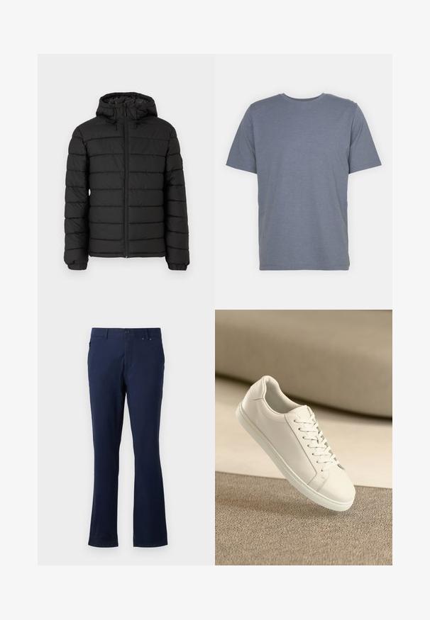 Mustahuppu takki, jossa on tikkipinta, etuvetoketju, joustavat hihansuut ja sileä tekstuuri, tarjoten lämpöä ja eristystä.; Harmaa lyhythihainen T-paita, jossa on pyöreä kaula-aukko, valmistettu pehmeästä puuvillasekoitekankaasta. Yksinkertainen muotoilu, ilman kuvioita tai yksityiskohtia.; Siniset housut, jotka on valmistettu kevyestä kankaasta, suoralla lahje-muotoilulla, etutaskuilla ja napituksella vyötäröllä.; Valkoinen nahkakenkä valkoisilla nauhoilla, esillä beigellä tekstuuripinnalla ja pehmeästi sumentuneessa taustassa.
