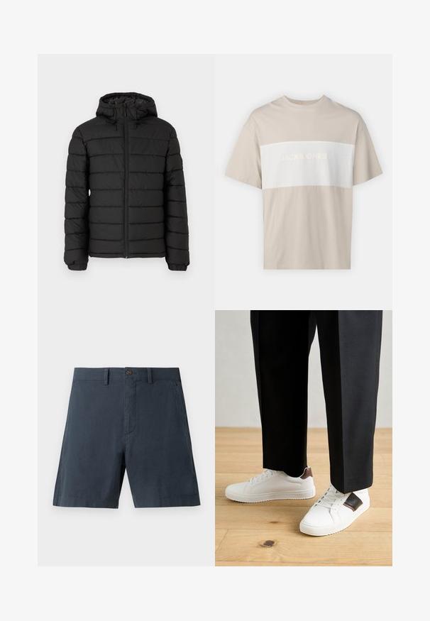 Černá péřová bunda s kapucí, prošívaný design, přední zip, elastické manžety a hladká textura, nabízí teplo a izolaci.; Béžové bavlněné tričko s bílým horizontálním panem, na kterém je vyražený text "JACK & JONES ESSENTIALS WORLDWIDE". Krátké rukávy.; Námořnické modré kraťasy vyrobené z bavlněné směsi, s knoflíkovým zapínáním, bočními kapsami a rovnými nohavicemi.; Bílé tenisky s hladkým povrchem, s hnědými koženými akcenty a černými detaily, kombinované s černými kalhotami na míru. Pozadí tvoří dřevěná podlaha.