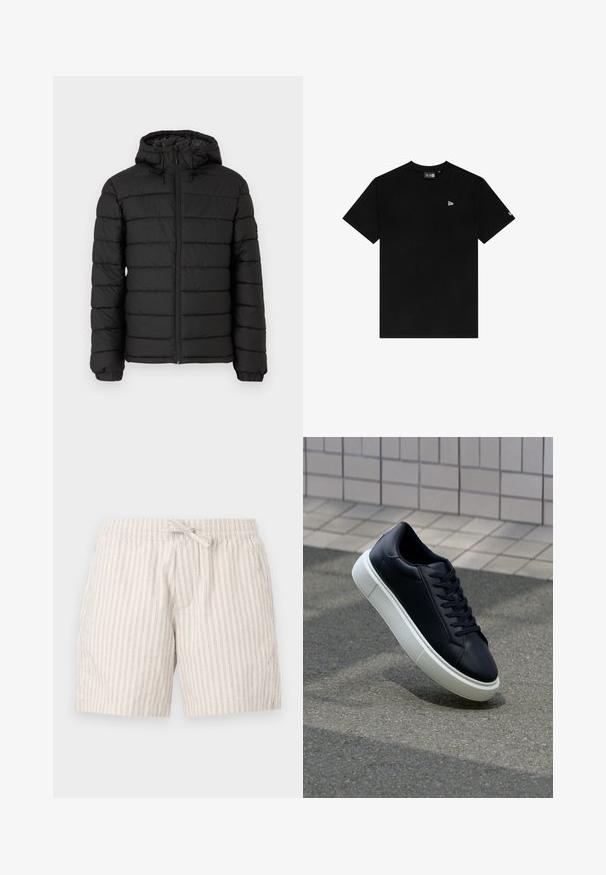 Giacca a vento nera con cappuccio, design trapuntato, zip frontale, polsini elasticizzati e una texture liscia, che offre calore e isolamento.; T-shirt nera in cotone con collo a giro, maniche corte, caratterizzata da un piccolo logo bianco sul lato sinistro del petto e senza ulteriori motivi o accentuazioni.; Pantaloni corti beige chiaro realizzati in un tessuto testurizzato con sottili righe verticali, dotati di una vita elasticizzata e di un laccio decorativo.; Sneaker in pelle nera con punta arrotondata e suola in gomma bianca. Presenta lacci piatti e cuciture minime sulla parte superiore. Suola testurizzata per una migliore aderenza.