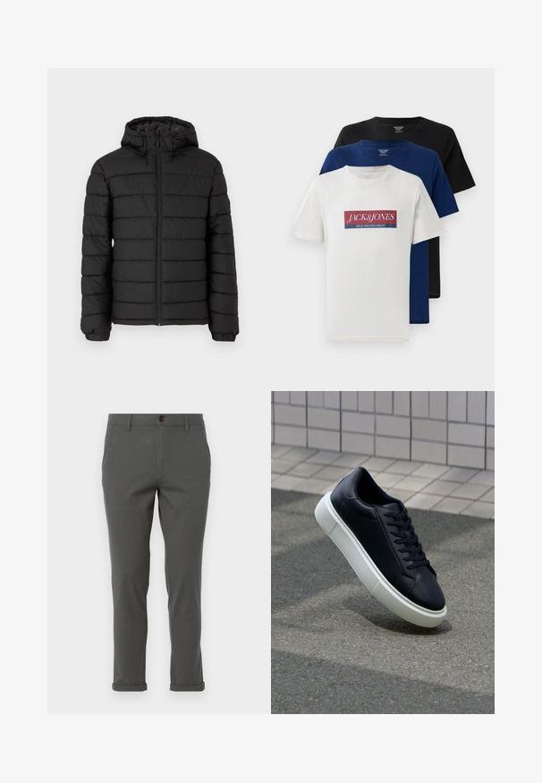 Czarna kurtka puchowa z kapturem, pikowany design, zamek błyskawiczny z przodu, elastyczne mankiety oraz gładka faktura, zapewniająca ciepło i izolację.; Trzy nałożone na siebie koszulki z krótkim rękawem z okrągłym dekoltem w kolorze białym z czerwonym i niebieskim logo, granatowym oraz czarnym, wyeksponowane na białym tle.; Szare spodnie z prostym krojem nogawek, wykonane z lekkiego materiału, z podwiniętym dołem i pojedynczym zapięciem na guzik z przodu.; Czarne skórzane sneakersy z okrągłym noskiem i białą gumową podeszwą. Posiadają płaskie sznurowadła i minimalne przeszycia na cholewce. Teksturowana podeszwa zapewnia przyczepność.