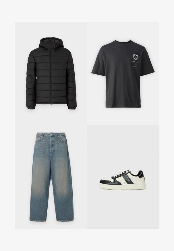 Fekete, kapucnis puffertakó, steppelt mintával, elöl cipzárral, rugalmas mandzsettákkal és sima textúrával, mely melegséget és szigetelést biztosít.; Fekete pamut póló rövid ujjakkal, kerek nyakkal, elől nap és hold grafikával, mellette a "Le Soleil et La Lune" szöveggel.; Világoskék farmer széles lábú nadrág magas derékkal, négy zsebbel és kontrasztos varrásokkal. Simító textúra, elhalványodott felülettel.; Fekete és krém színű bőrsneaker, perforált díszítésekkel, párnázott bokapánttal és texturált talppal.