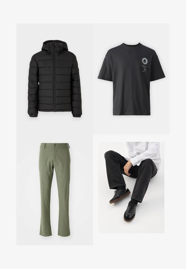 Must musta jope kapuutsiga, vatitud disainiga, ees lukuga, elastsete mansettidega ja siledast tekstuurist, pakkudes soojust ja isolatsiooni.; Must musta T-särk lühikeste varrukatega, ümar kaelus ning esiküljel päikese ja kuu graafika, millele on lisatud tekst "Le Soleil et La Lune."; Rohelised kohandatud püksid slim fit lõikega, valmistatud siledast kangast. Omab esist zipperit, nup closure'it ja sirgeid ääriseid.; Mustad spordijalatsid siledast ja tekstuurilisest ülemisest osast, millel on kummist tald ja tumedad nöörid. Kombineeritud mustade teksade ja valge triibulise särgiga.