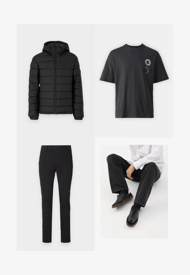 Chaqueta de plumas negra con capucha, diseño acolchado, cremallera frontal, puños elásticos y una textura suave, que ofrece calidez y aislamiento.; Camiseta de algodón negra con mangas cortas, cuello redondo y gráficos en la parte frontal de un sol y una luna, acompañados del texto "Le Soleil et La Lune."; Pantalones ajustados negros de tejido de mezcla de algodón, con bolsillos delanteros, cierre de botón y una textura suave sin patrones.; Zapatillas negras con una parte superior suave y texturizada, que cuentan con una suela de goma y cordones oscuros. Combinadas con jeans negros y una camisa blanca a rayas.