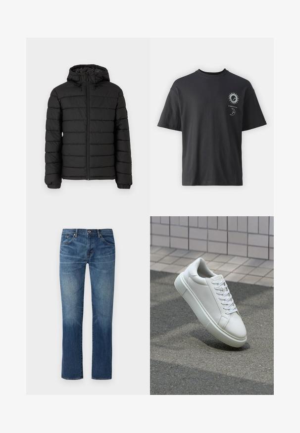 Chaqueta de plumas negra con capucha, diseño acolchado, cremallera frontal, puños elásticos y una textura suave, que ofrece calidez y aislamiento.; Camiseta de algodón negra con mangas cortas, cuello redondo y gráficos en la parte frontal de un sol y una luna, acompañados del texto "Le Soleil et La Lune."; Jeans de denim azul, corte recto, lavado medio, cuatro bolsillos, cierre de botón, costuras visibles, leve desvanecimiento en los muslos y en el dobladillo.; Zapatilla de cuero blanca con una superficie lisa, punta redonda y cordones blancos planos. Presenta una suela de goma texturizada y elementos de diseño mínimos.