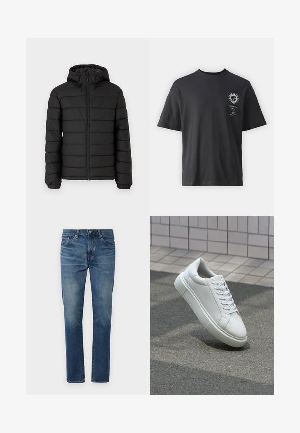 Chaqueta de plumas negra con capucha, diseño acolchado, cremallera frontal, puños elásticos y una textura suave, que ofrece calidez y aislamiento.; Camiseta de algodón negra con mangas cortas, cuello redondo y gráficos en la parte frontal de un sol y una luna, acompañados del texto "Le Soleil et La Lune."; Jean de mezclilla en azul medio con corte recto. Cuenta con bolsillos delanteros, cierre de botón y un ligero desgaste para dar textura.; Zapatilla de cuero blanca con una superficie lisa, punta redonda y cordones blancos planos. Presenta una suela de goma texturizada y elementos de diseño mínimos.