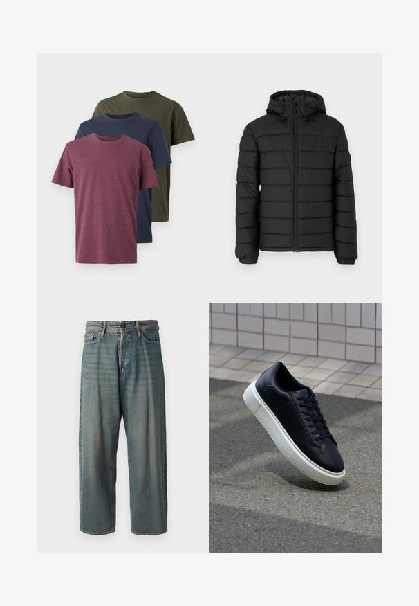Casaco puffer preto com capuz, design acolchoado, fecho frontal com zíper, punhos elásticos e uma textura suave, oferecendo calor e isolamento.; Três t-shirts de algodão exibidas: bordeaux, azul-marinho e verde oliva. Design de gola redonda, mangas curtas e um acabamento suave e texturizado.; Jeans de ganga azul claro com um corte solto, cintura média e pernas retas. Apresenta cinco bolsos, passadores de cinto e fecho com botão.; Sapatilha de couro preto com bico arredondado e sola de borracha branca. Apresenta atacadores planos e costuras mínimas na parte superior. Sola texturizada para melhor aderência.