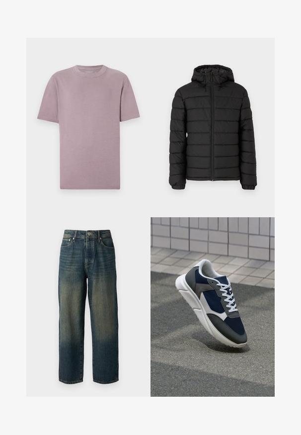 Must musta jope kapuutsiga, vatitud disainiga, ees lukuga, elastsete mansettidega ja siledast tekstuurist, pakkudes soojust ja isolatsiooni.; Lühikeste varrukatega t-särk heleses lilas, valmistatud pehmest puuvillast. Klassikaline ümar kaelus, puhtad õmblused ja ilma nähtavate logode või mustriteta.; Sinine denimpüksid sirge lõikega, millel on pleekinud disain heledama varjundiga alläärtes, viis taskut ja nööpidega sulgus.; Sneaker, mille sinine võrkkangas, hallid nubukdetailid, valge kummitald ja lamedad valged paelad, disainitud mugavuseks ja hingavuseks.