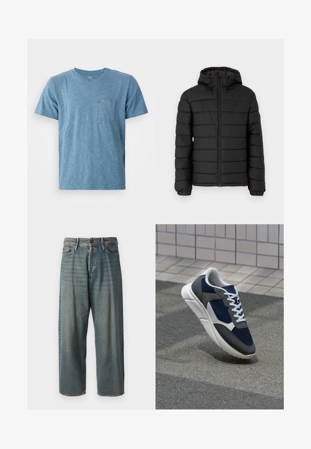 Casaco puffer preto com capuz, design acolchoado, fecho frontal com zíper, punhos elásticos e uma textura suave, oferecendo calor e isolamento.; T-shirt azul de mangas curtas feito de um tecido macio e mesclado, com um decote redondo e um bolso no peito; apresenta um pequeno logotipo vermelho no bolso.; Jeans de ganga azul claro com um corte solto, cintura média e pernas retas. Apresenta cinco bolsos, passadores de cinto e fecho com botão.; Sapatilha com parte superior em malha azul-marinho, detalhes em camurça cinza, sola de borracha branca e atacadores brancos planos, projetada para conforto e respirabilidade.