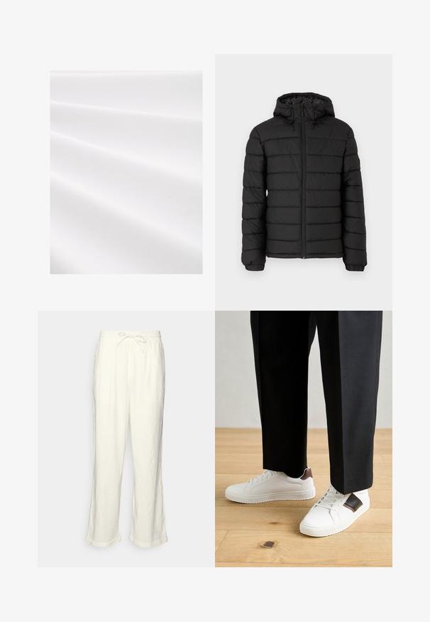 Schwarze Pufferjacke mit Kapuze, gestepptem Design, Frontreißverschluss, elastischen Bündchen und glatter Textur, die Wärme und Isolation bietet.; Weißer Stoff mit einer strukturierten, gerippten Oberfläche, die sanfte Falten und einen subtilen Glanz zeigt. Glatte Oberfläche ohne sichtbare Muster oder Akzente.; Leinenhose in Off-White mit einem Bund zum Kordelziehen, leicht weitem Bein und umgeschlagenen Säumen für eine entspannte Passform. Keine Taschen.; Weiße Sneakers mit glatter Textur, versehen mit braunen Lederakzenten und schwarzen Details, kombiniert mit schwarzen maßgeschneiderten Hosen. Hintergrund aus Holzboden.