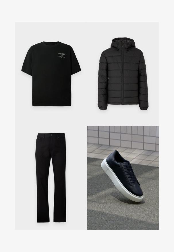 Svart pufferjakke med hette, quiltet design, glidelås foran, elastiske mansjetter og en glatt tekstur som gir varme og isolasjon.; Svart bomull T-skjorte med rund hals og korte ermer; har hvit trykt tekst på øvre venstre side. Glatt tekstur.; Sorte rett-bente jeans laget av denim, med en frontknapp-lukking, to sidelommer og en jevn tekstur.; Sorte skinnsneakers med rund tå og hvit gummisåle. Har flate lisser og minimal søm på overdelen. Strukturert såle for grep.
