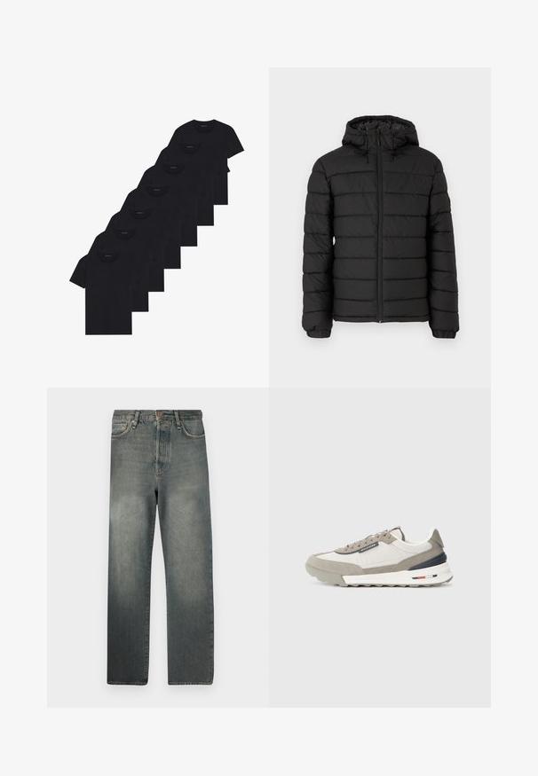 Svart pufferjakke med hette, quiltet design, glidelås foran, elastiske mansjetter og en glatt tekstur som gir varme og isolasjon.; Sett med åtte svarte bomull t-skjorter med korte ermer og rund hals, med et enkelt design og en myk tekstur.; Jack & Jones JJIALEX JJCOOPER - Baggy jeans - black denim; Grå og hvite sneakers med en blanding av semsket skinn og tekstil. Kontrasterende marineblå og røde detaljer, med en teksturert gummisåle og snøring.