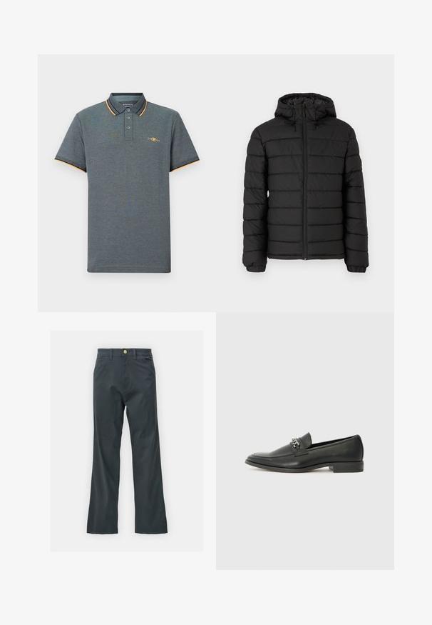 Fekete, kapucnis puffertakó, steppelt mintával, elöl cipzárral, rugalmas mandzsettákkal és sima textúrával, mely melegséget és szigetelést biztosít.; Szürke poloing, textúrált anyagból, háromgombos gallérral, világoskék és narancssárga gallérkiegészítőkkel, valamint egy kis logóval a mellrészen.; Fekete nadrág egyenes szárú fazonban, pamut keverék anyagból készült. Fém gombos záródással és oldalsó zsebekkel rendelkezik. Nincs látható mintázat.; Fekete bőr loaferek sima felülettel, varrott mintával és díszítő fém lánccal a cipő elején. Lapos sarok.