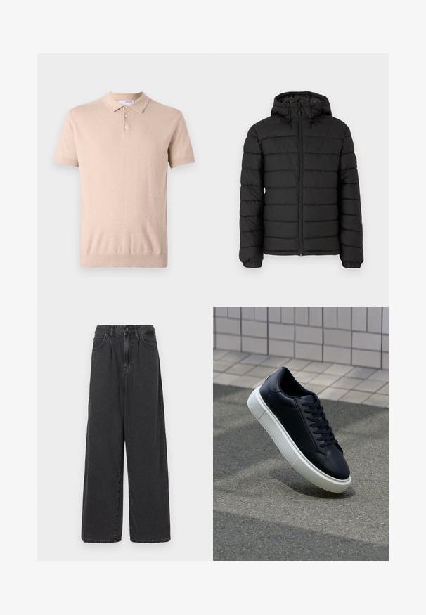 Černá péřová bunda s kapucí, prošívaný design, přední zip, elastické manžety a hladká textura, nabízí teplo a izolaci.; Beige polo triko s krátkým rukávem vyrobené z měkké pleteniny; má klasický límec, knoflíkovou légu se třemi knoflíky a žebrované manžety a lem.; Široké, vysoké černé džíny s knoflíkovým a zipovým zapínáním vpředu, se bočními kapsami a hladkou texturou.; Černé kožené tenisky s kulatou špičkou a bílou gumovou podrážkou. mají ploché tkaničky a minimální šití na svršku. Texturovaná podrážka pro lepší přilnavost.