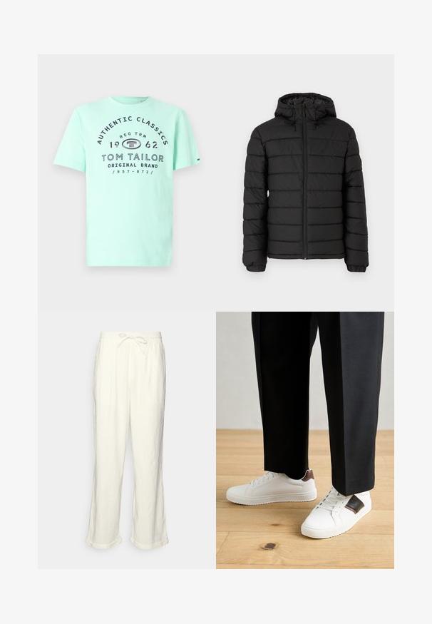 Juodas pūkinis švarkas su gobtuvu, siuvinėta medžiaga, priekinis užtrauktukas, elastingi rankogaliai ir švelni tekstūra, teikianti šilumą ir izoliaciją.; Mėtų žalios spalvos medvilninė marškinė su trumpomis rankovėmis, apvalia iškirpte ir grafiniu spaudiniu, vaizduojančiu "TOM TAILOR" ir 1962 metų dizaino elementus.; Neryškios baltos lino kelnės su raišteliu liemens srityje, šiek tiek plačiomis kojomis ir sukniustais mankštiniais kraštais, suteikiančiais laisvą prigludimą. Be kišenių.; Balti sportbačiai su glotnia danga, puošti rudais odiniais akcentais ir juodais detalėmis, derinami su juodais pritaikytais kelnėmis. Medinių grindų fonas.