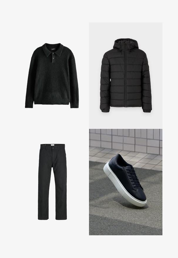 Schwarze Pufferjacke mit Kapuze, gestepptem Design, Frontreißverschluss, elastischen Bündchen und glatter Textur, die Wärme und Isolation bietet.; Schwarzer, strukturierter Pullover mit Kragen, Knopfleiste mit drei Knöpfen und langen Ärmeln. Hergestellt aus einem weichen, flauschigen Material.; Schwarze Hosen aus strapazierfähigem Stoff, mit geradem Bein, genähten Akzenten und zwei vorderen Taschen für Funktionalität.; Schwarze Leder-Sneaker mit runder Zehenpartie und weißer Gummisohle. Verfügt über flache Schnürsenkel und minimale Nähte im Obermaterial. Strukturiertes Sohlenprofil für besseren Halt.