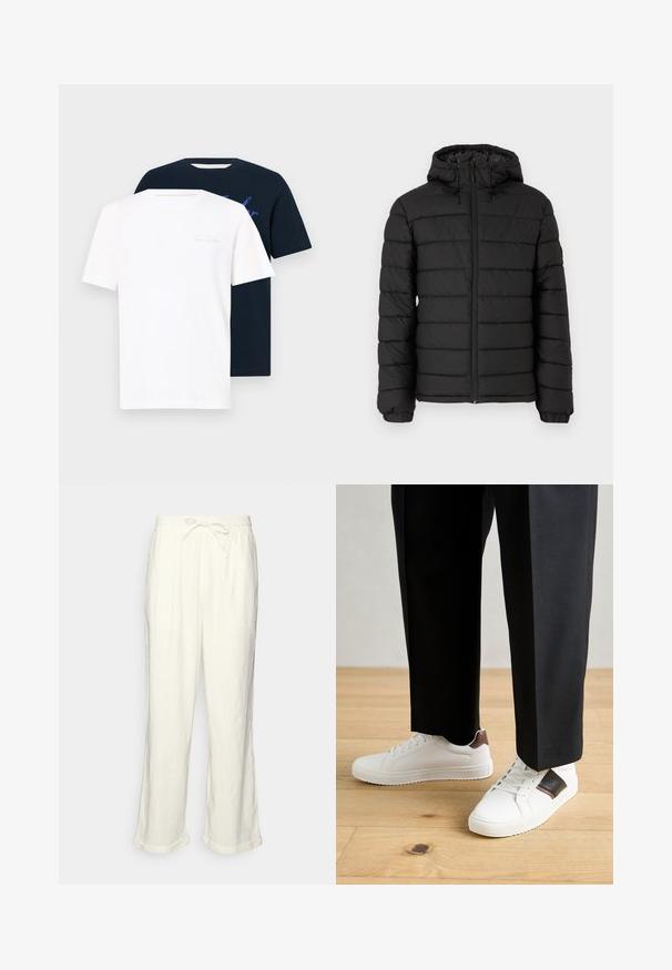 Geacă puffer neagră cu glugă, design matlasat, fermoar frontal, manșete elasticate și o textură netedă, oferind căldură și izolație.; Două tricouri cu guler rotund: unul alb cu text deschis, celălalt albastru închis cu un imprimeu grafic. Ambele sunt cu mânecă scurtă și fabricate dintr-un material moale.; Pantaloni din in, de culoare albă-crem, cu un tiv elastic la talie, piciorușe ușor largi și manșete răsucite pentru un stil relaxat. Fără buzunare.; Sneakers albe cu textură netedă, având accente din piele maro și detalii negre, asociate cu pantaloni negri pe măsură. Fundal din podea din lemn.