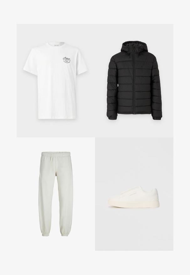 Svart puffjacka med huva, quiltad design, framdragkedja, elastiska ärmslut och en mjuk textur, som erbjuder värme och isolering.; Vit bomulls t-shirt med rund halsringning och korta ärmar, med en svart broderad logotyp på övre vänstra sidan.; Vita sweatpants gjorda av mjukt tyg, med elastisk midja och muddar, samt en slät textur och lös passform.; Vita slip-on sneakers med en texturerad yta, en tjock sula och minimalistisk design. Har varumärkeslogotypen på sidan.