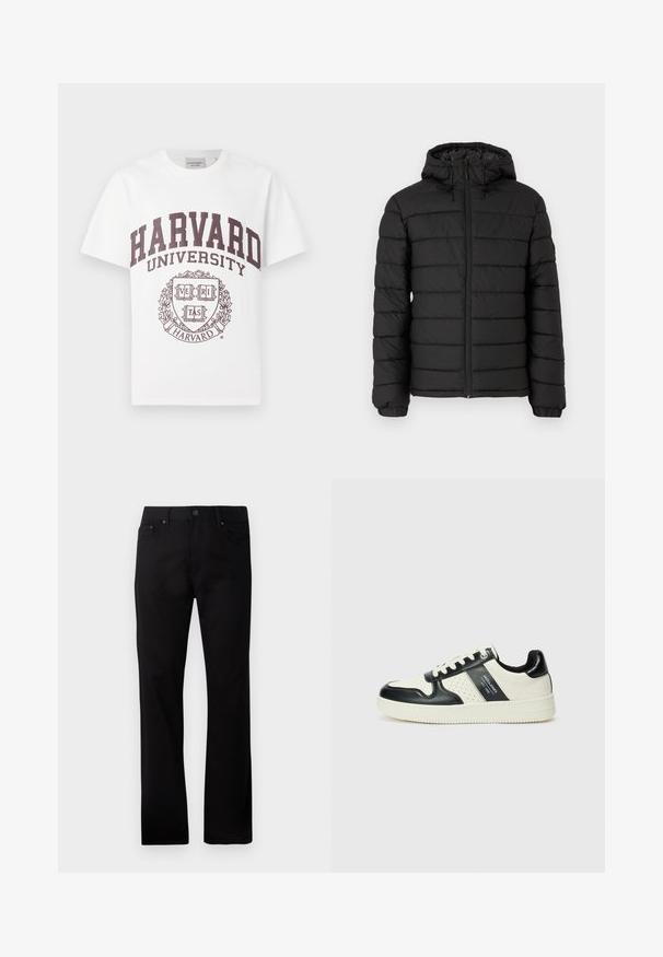 Black puffer jacket with a hood, quilted design, front zipper, elasticated cuffs, and a smooth texture, offering warmth and insulation.; White cotton t-shirt featuring maroon "HARVARD UNIVERSITY" text and a central emblem with the word "VERITAS" in a shield design.; Black straight-leg jeans made from denim, featuring a front button closure, two side pockets, and a smooth texture.; Leather sneakers with a black and cream color scheme, featuring perforated accents, a padded collar, and a textured outsole.