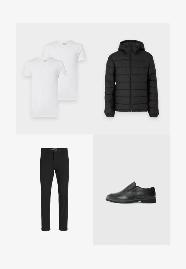 Chaqueta de plumas negra con capucha, diseño acolchado, cremallera frontal, puños elásticos y una textura suave, que ofrece calidez y aislamiento.; Dos camisetas de algodón blancas con cuello redondo y mangas cortas. Cada camiseta tiene un diseño liso sin patrones ni adornos.; Pantalones de mezcla de algodón negros con corte ajustado, que presentan un cierre de botón, bolsillos y puños enrollados para un acabado casual.; Zapato negro de cuero sin cordones con un upper suave, detalles de costura, punta redonda y un bajo tacón de goma. La suela presenta una tracción mínima.