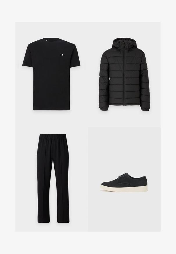 Black puffer jacket with a hood, quilted design, front zipper, elasticated cuffs, and a smooth texture, offering warmth and insulation.; Black cotton t-shirt with short sleeves, round neckline, and a small white logo on the left chest area. Smooth texture, simple design.; Black, elastic-waist trousers with a straight-leg design, featuring a smooth texture and no visible patterns or hardware.; Black suede lace-up shoe with a rounded toe, lightweight cream sole, and subtle blue stitching accents on the upper.