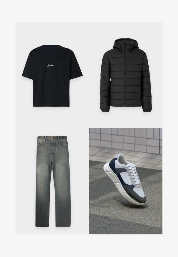 Black puffer jacket with a hood, quilted design, front zipper, elasticated cuffs, and a smooth texture, offering warmth and insulation.; Black cotton T-shirt with short sleeves and a crew neck. Features white text "Archive" in a cursive font on the front.; Jack & Jones JJIALEX JJCOOPER - Baggy Jeans - black denim; White, navy, and gray sneaker with a mixed material design, featuring a textured upper, flat laces, and a cushioned sole.