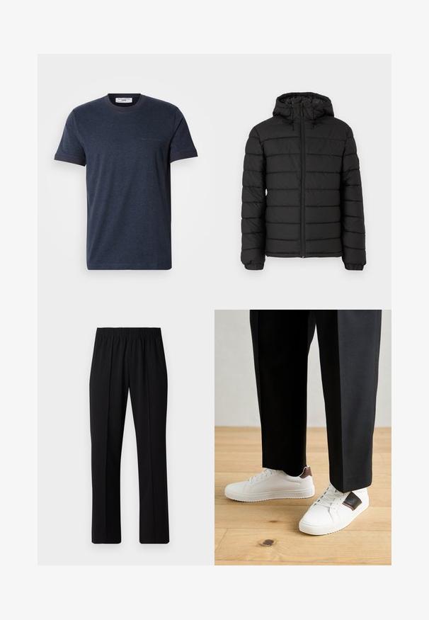 Fekete, kapucnis puffertakó, steppelt mintával, elöl cipzárral, rugalmas mandzsettákkal és sima textúrával, mely melegséget és szigetelést biztosít.; Tengerészkék pamut póló kerek nyakkal és rövid ujjakkal, kontraszt sötétkék díszítéssel a galléron és az ujjakon. Diszkrét logórészlet.; Fekete, gumíros derekú nadrág egyenes szabással, sima felülettel, látható minták vagy fémrészek nélkül.; Fehér sneaker, sima textúrával, barna bőr díszítéssel és fekete részletekkel, fekete szabott nadrággal párosítva. Fából készült padló háttér.