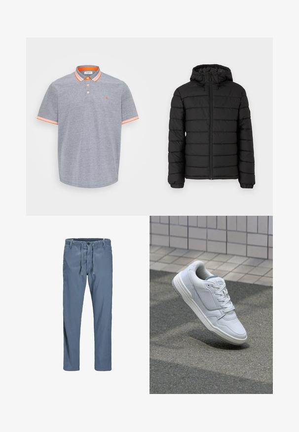 Zwarte pufferjack met capuchon, gewatteerd ontwerp, vooraan met rits, elastische manchetten en een gladde textuur, biedt warmte en isolatie.; Grijze polo shirt van katoen met een gestructureerde afwerking, met oranje accenten op de kraag en mouwen. Drie-knopen sluiting.; Blauwe, lichte katoenen broek met een trekkoord in de taille, knoopsluiting en zakken aan de zijkanten. Rechte pijpen zonder zichtbare patronen.; Witte lederen sneaker met geperforeerde zijkanten, gestructureerde accenten, platte veters en een contrasterende grijze hiel. Voorzien van een iets verhoogde zool.