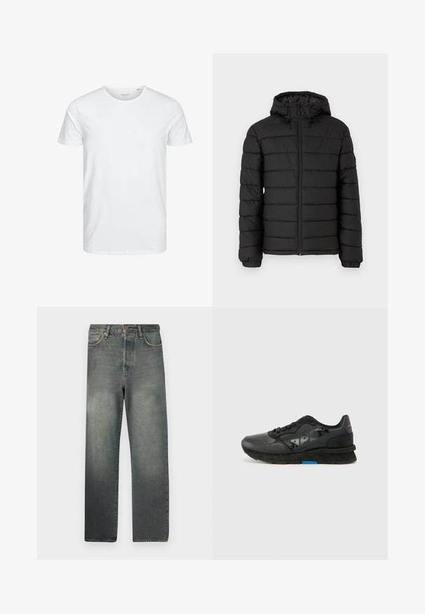 Black puffer jacket with a hood, quilted design, front zipper, elasticated cuffs, and a smooth texture, offering warmth and insulation.; Round-neck short-sleeve t-shirt in solid white, made of soft cotton, features a simple design with no visible patterns or accents.; Jack & Jones JJIALEX JJCOOPER - Baggy Jeans - black denim; Replay ARTHUR IMPACT - Trainers - black