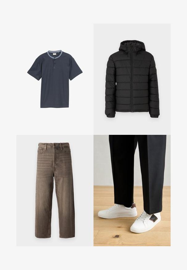 Čierna bomberová bunda s kapucňou, prešívaný dizajn, predný zips, elastické manžety a hladká textura, poskytujúca teplo a izoláciu.; Tmavomodrá košeľa s krátkym rukávom z textúrovanej látky, s bledomodrým golierom a planžetou s tromi gombíkmi.; Hnedé široké džínsy vyrobené z denimu. Obsahujú zips, pútka na opasok a päť vreciek. Materiál vykazuje vyblednutý, textúrovaný vzhľad.; Biele tenisky s hladkým povrchom, s hnedými koženými akcentmi a čiernymi detailmi, spárované s čiernymi elegantnými nohavicami. Pozadím je drevená podlaha.