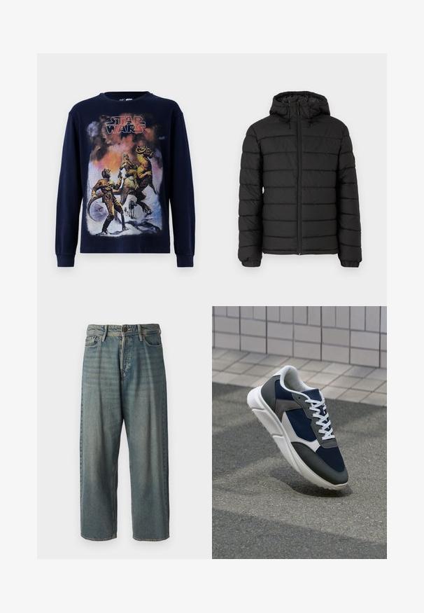 Black puffer jacket with a hood, quilted design, front zipper, elasticated cuffs, and a smooth texture, offering warmth and insulation.; Navy long-sleeve t-shirt featuring a vintage Star Wars graphic illustration, showcasing characters and a creature on a snowy landscape.; Light blue denim jeans with a loose fit, mid-rise waist, and straight legs. Features five pockets, belt loops, and a button closure.; Sneaker featuring a navy blue mesh upper, gray suede accents, white rubber sole, and flat white laces, designed for comfort and breathability.