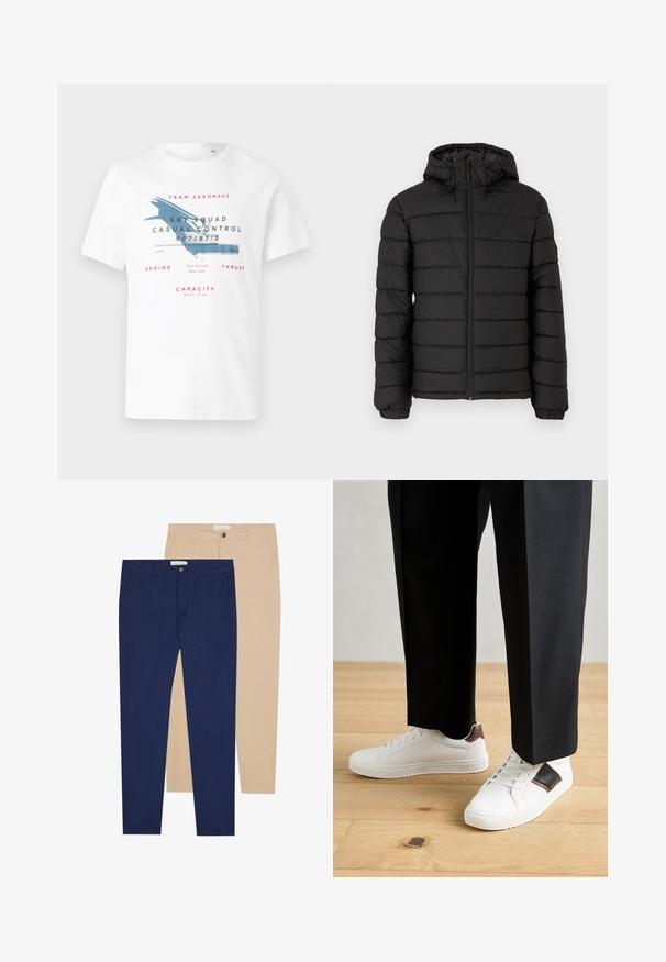 Melnā pūkāmā jaka ar kapuci, ar quilted dizainu, priekšējo rāvējslēdzēju, elastīgām piedurknēm un gludu tekstūru, nodrošinot siltumu un izolāciju.; Baltais kokvilnas T-krekls ar zilu lidmašīnas grafiku un sarkanu tekstu. Dizains ietver aviācijas tēmai piemērotās detaļas un dažādu drukas izmēru elementus.; Divas bikses: vienas tumši zilas, otras bēšas. Abām ir taisna griezuma, pogu aizdare un gluda auduma tekstūra.; Baltā pārsoļa apavi ar gludu tekstūru, papildināti ar brūniem ādas akcentiem un melniem elementiem, savienoti ar melnām pielāgotām biksēm. Koka grīdas fons.