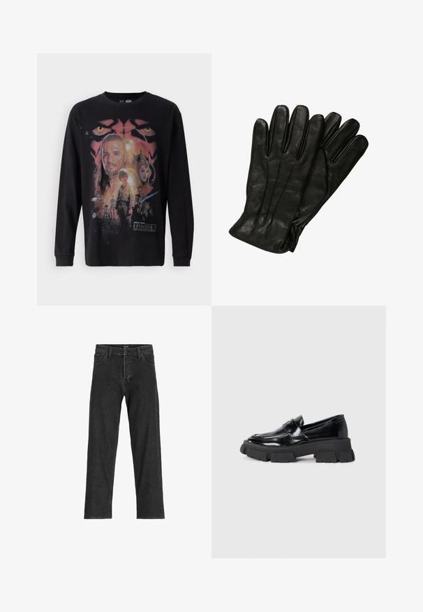 Zwarte pufferjack met capuchon, gewatteerd ontwerp, vooraan met rits, elastische manchetten en een gladde textuur, biedt warmte en isolatie.; Zwarte langslijfs t-shirt met een kleurrijke graphic print van "Star Wars: Episode I - The Phantom Menace" met verschillende personages en details.; Zwarte spijkerbroek met een recht model, voorzien van een rits, riemlussen en zes zakken, gemaakt van een stevige katoenmix.; Zwarte patenten leren loafers met een chunky zwarte plateauzool. Kenmerken zijn onder andere een ronde neus en decoratieve stiksels over de voorkant.; Zwarte leren handschoenen met een gladde textuur, vijf vingers en subtiele stiksels. Klassiek ontwerp, geschikt voor gebruik in koud weer.