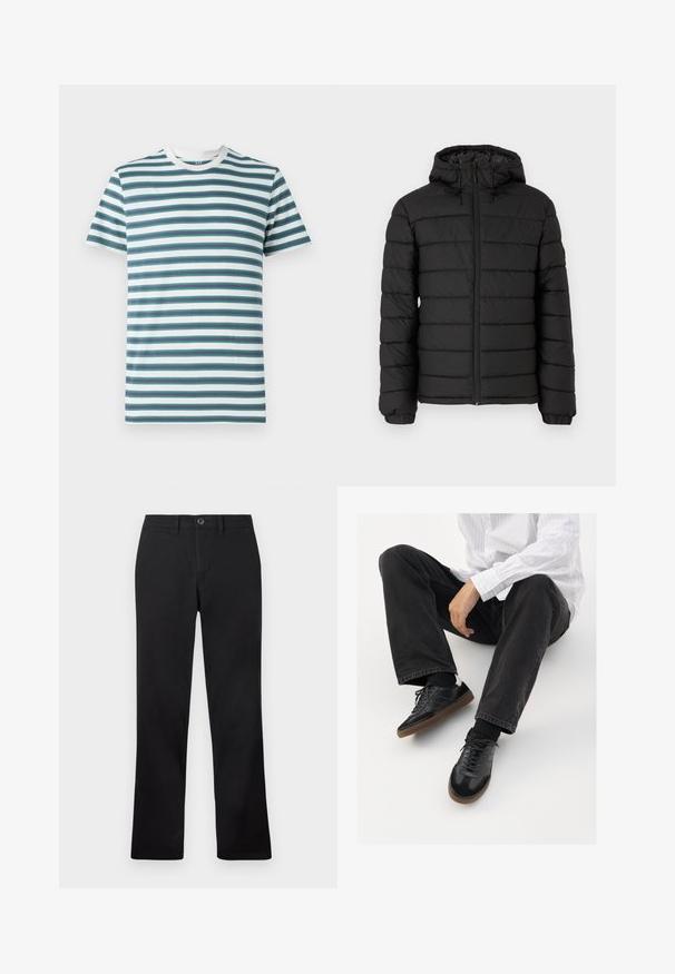 Must musta jope kapuutsiga, vatitud disainiga, ees lukuga, elastsete mansettidega ja siledast tekstuurist, pakkudes soojust ja isolatsiooni.; Meeste lühikeste varrukatega T-särk, millel on horisontaalsed triibud türkiissinisest, navy sinisest ja valgest. Pehme puuvillane kangas ümmarguse kaelusega ning kontrastse kraega.; Mustad püksid on esitatud valge tausta ees, neil on sirge säärekujund ja nööbiga kinnitamine vööl.; Mustad spordijalatsid siledast ja tekstuurilisest ülemisest osast, millel on kummist tald ja tumedad nöörid. Kombineeritud mustade teksade ja valge triibulise särgiga.