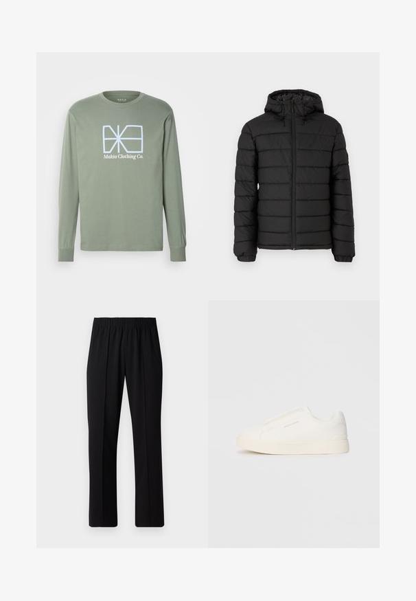 Svart pufferjakke med hette, quiltet design, glidelås foran, elastiske mansjetter og en glatt tekstur som gir varme og isolasjon.; Langermet skjorte i lysegrønn bomull, med en hvit grafisk logo "Makia Clothing Co." sentrert på brystet, med tettsittende mansjetter.; Svart, elastisk midjebukser med rett ben-design, med en glatt tekstur og uten synlige mønstre eller maskinvare.; Hvite slip-on joggesko med teksturert overflate, tykk såle og minimalistisk design. Har merkevarelogo på siden.