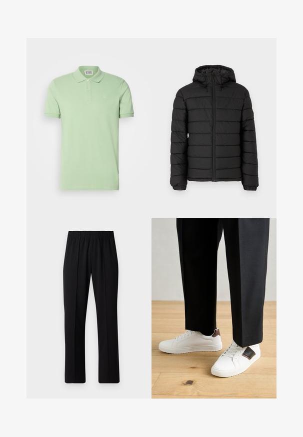 Černá péřová bunda s kapucí, prošívaný design, přední zip, elastické manžety a hladká textura, nabízí teplo a izolaci.; Polo tričko světle zelené barvy z bavlny, krátké rukávy, žebrovaný límec, tříknoflíková léga, malé logo na levé hrudi, hladká textura.; Černé kalhoty s elastickým pasem a rovnými nohavicemi, s hladkým povrchem a bez viditelných vzorů nebo kovových doplňků.; Bílé tenisky s hladkým povrchem, s hnědými koženými akcenty a černými detaily, kombinované s černými kalhotami na míru. Pozadí tvoří dřevěná podlaha.