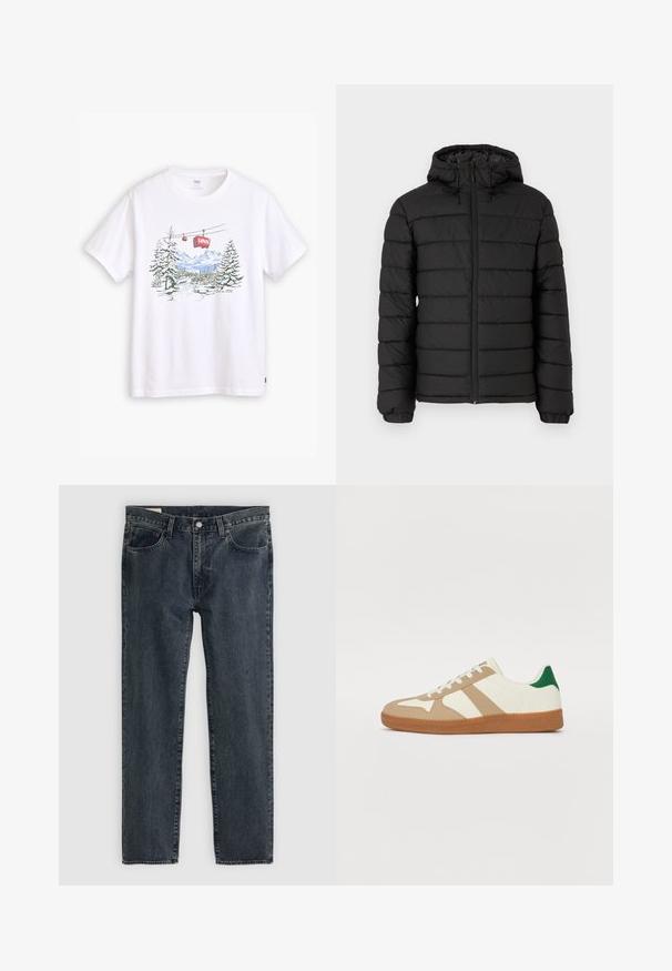 Chaqueta de plumas negra con capucha, diseño acolchado, cremallera frontal, puños elásticos y una textura suave, que ofrece calidez y aislamiento.; Levi's® RELAXED FIT - Camiseta estampada - white; Vaqueros de mezclilla azul oscuro con un diseño de pierna recta, cinco bolsillos y cierre de botón. La tela presenta un sutil desgaste y textura.; Zapatillas con una parte superior de cuero blanco, superposiciones de ante color beige, acento verde en el talón y una suela de goma con textura color goma. Presenta tres rayas beige.