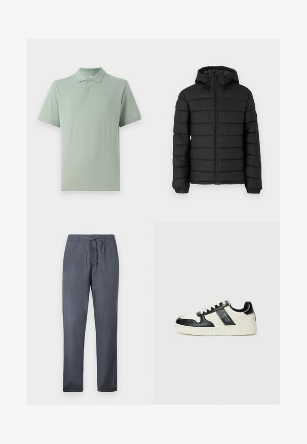 Schwarze Pufferjacke mit Kapuze, gestepptem Design, Frontreißverschluss, elastischen Bündchen und glatter Textur, die Wärme und Isolation bietet.; Hellgrünes Polohemd aus Baumwolle, mit klassischem Kragen, einer Zwei-Knopf-Leiste und kurzen Ärmeln, die ein dezentes Logo-Detail aufweisen.; Graue Hose aus glattem Stoff, mit einem Kordelzugverschluss und Seitentaschen. Gerades Bein Design mit sauberer Verarbeitung.; Leder-Sneaker in Schwarz- und Cremetönen, mit perforierten Akzenten, einem gepolsterten Kragen und einer strukturierten Laufsohle.